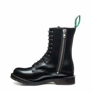 Women Solovair Hi-Shine 11 Eye Zip Derby Boots Black | S11-981-BK-ZIP-G-030