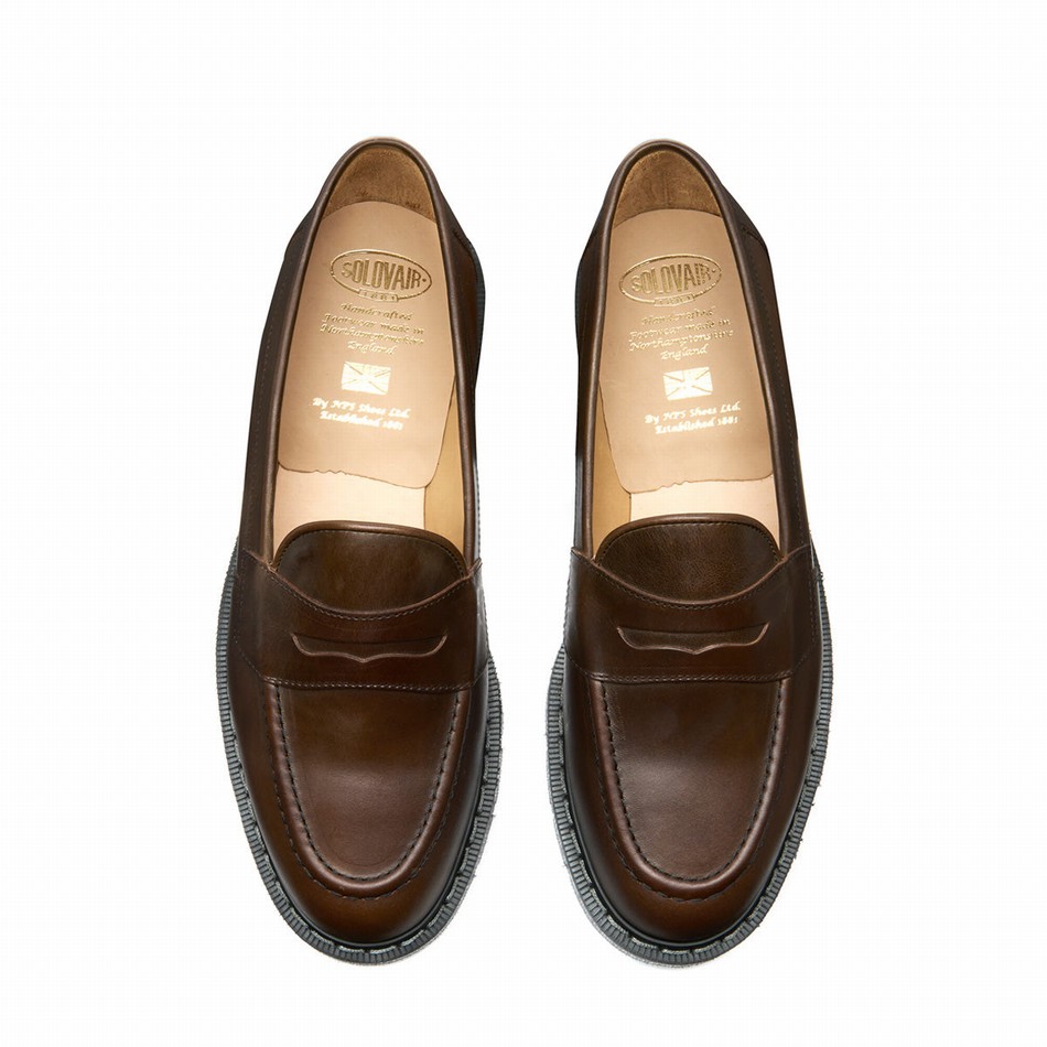 Men Solovair Gaucho Crazy Horse Penny Loafers Brown | S0-970-CH-G-030