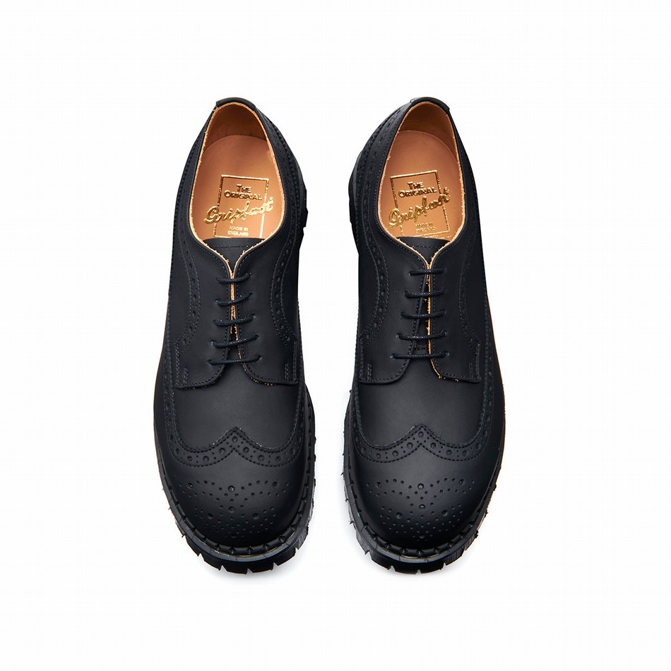 Men Solovair Greasy Steel Toe American Brogue Shoes Black | GF5-1812-BG-035