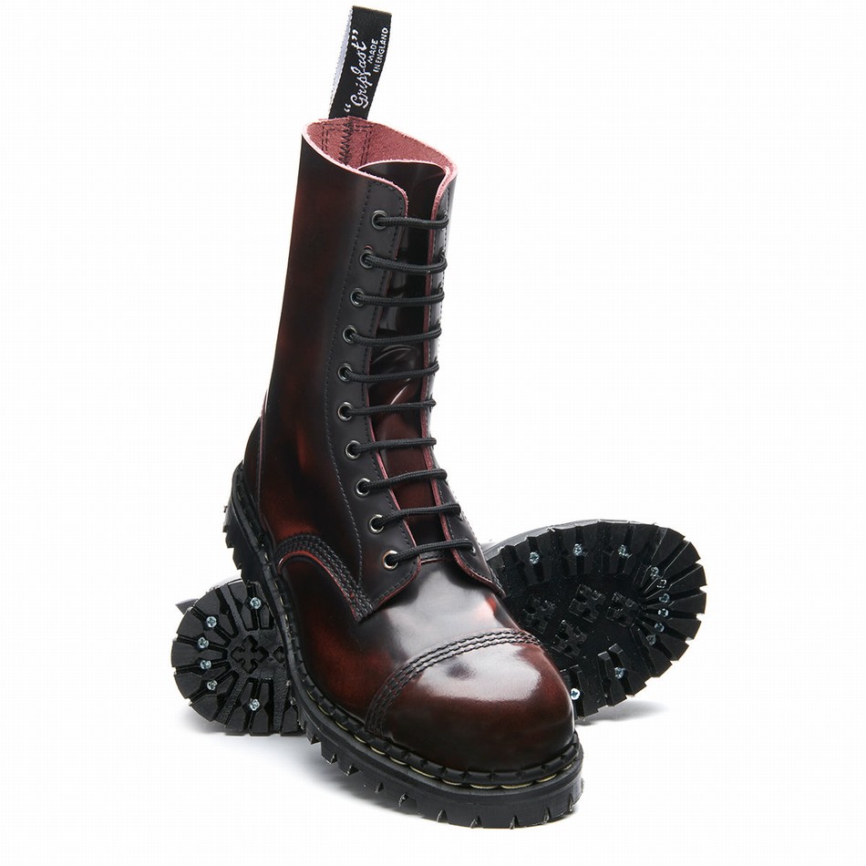 Men Solovair Rub-Off 10 Eye Steel Toe Capped Derby Boots Burgundy | GF10-1980-BUR-RO-030