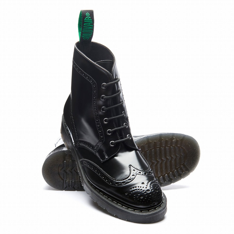 Women Solovair Hi-Shine Vegan 6 Eye Derby Brogue Boots Black | VS6-019-BK-VEG-G-030