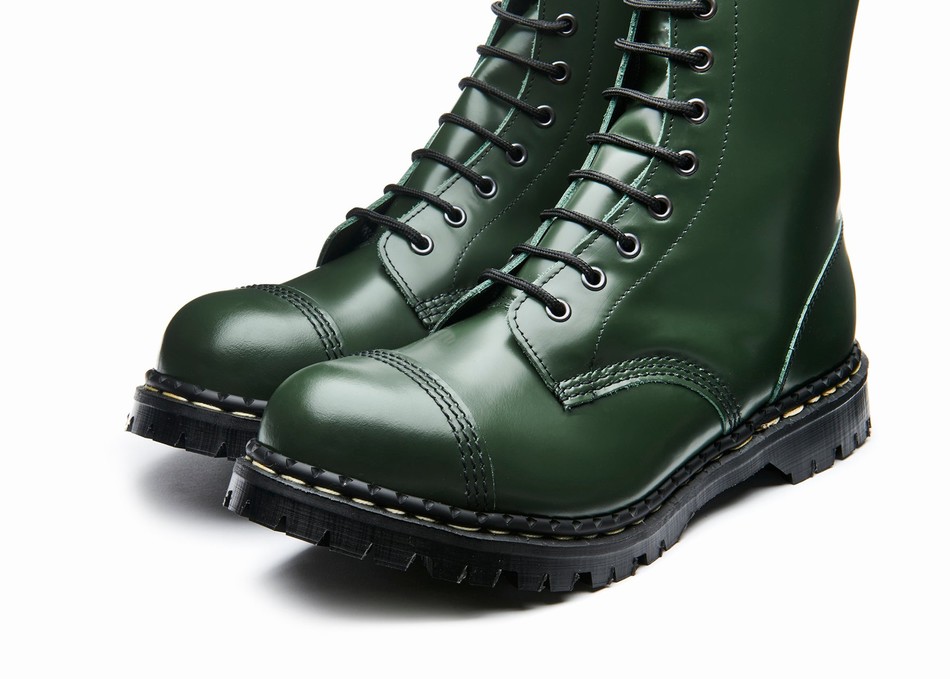 Women Solovair Hi Shine 10 Eye Steel Toe Capped Derby Boots Green | GF10-1980-GN-035